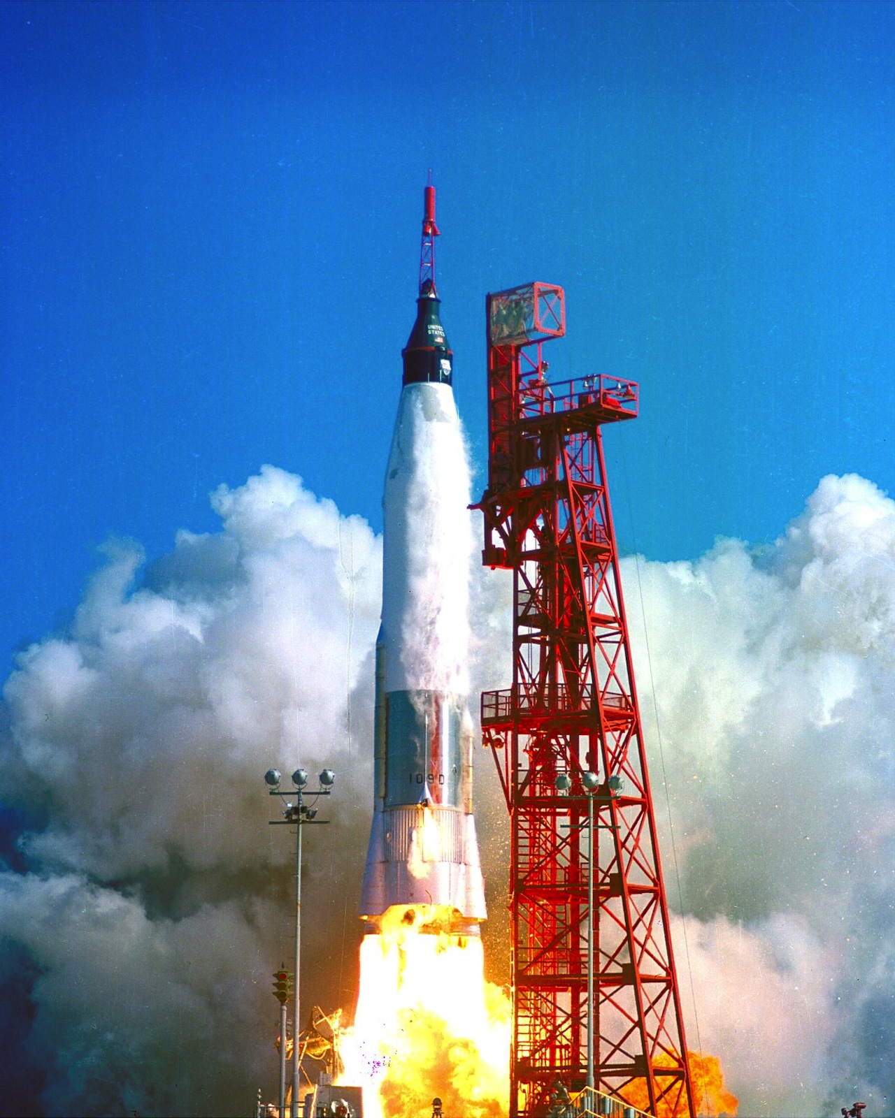 Launch of Friendship 7, the first American manned orbital space flight.  Astronaut John Glenn aboard the Mercury-Atlas rocket launches from pad 14. Photo credit: NASA